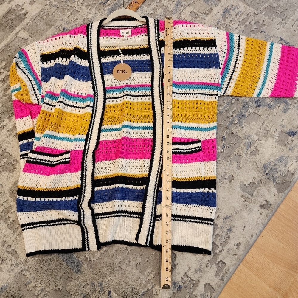 NWT Bibi Knit Multi Striped Pointelle Cardigan. Size 1X. - Picture 7 of 16